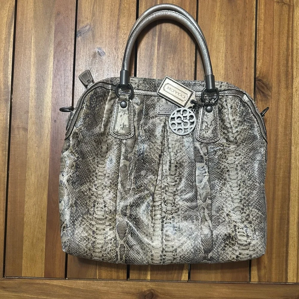 Coach Kristin Metallic Snake-Print Satchel - Taupe & Silver Accents - Picture 2 of 12